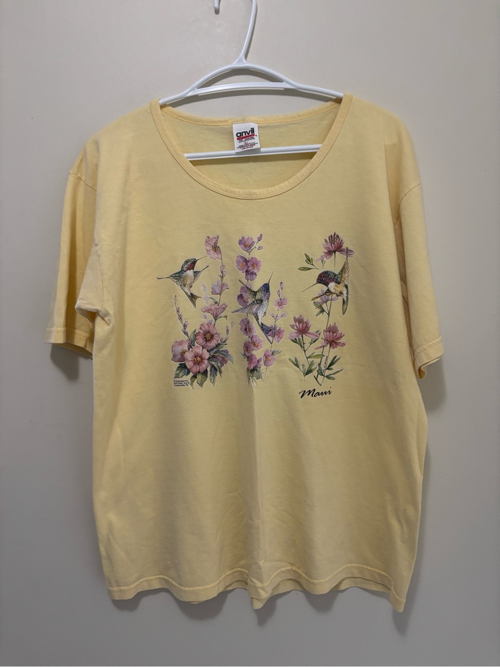 Vintage Anvil Maui Hummingbird Floral Graphic T-Shirt Large